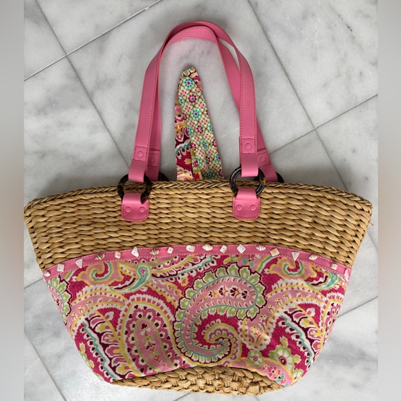 Vera Bradley Handbags - Vera Bradley Pink Paisley Wicker Straw Large Tote Beach Bag